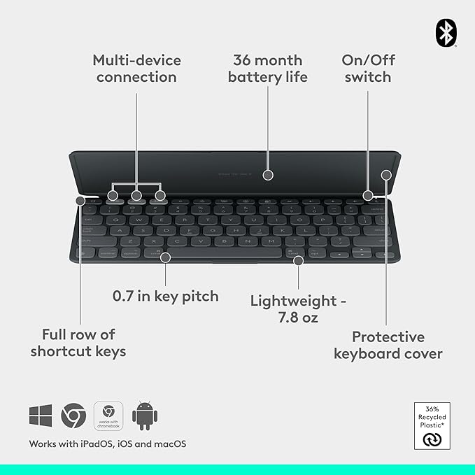 Logitech Keys-to-GO 2 Portable Wireless iPad Keyboard with Built-in Cover, Slim and Compact Bluetooth Keyboard for iPad, iPhone, Mac, and Apple TV, Easily Switch with Devices - Graphite