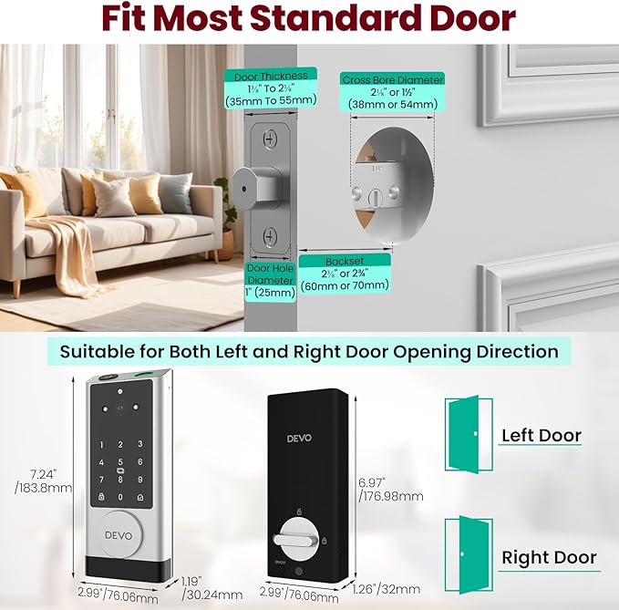 DEVO G1 Video Smart Lock with Camera & Doorbell, 6-in-1 Keyless Entry Door Lock with Fingerprint, App Remote, Auto Locks, Built-in Wi-Fi Smart Deadbolt for Front Door(Silver)