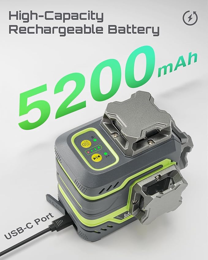 LG-3DM Green Beam Laser Level, Self-Leveling 3x360° Cross Line Laser for Construction and Picture Hanging, 5200mAh Built-in Rechargeable Battery, Type-C Cable, Magnetic Rotating Stand Included