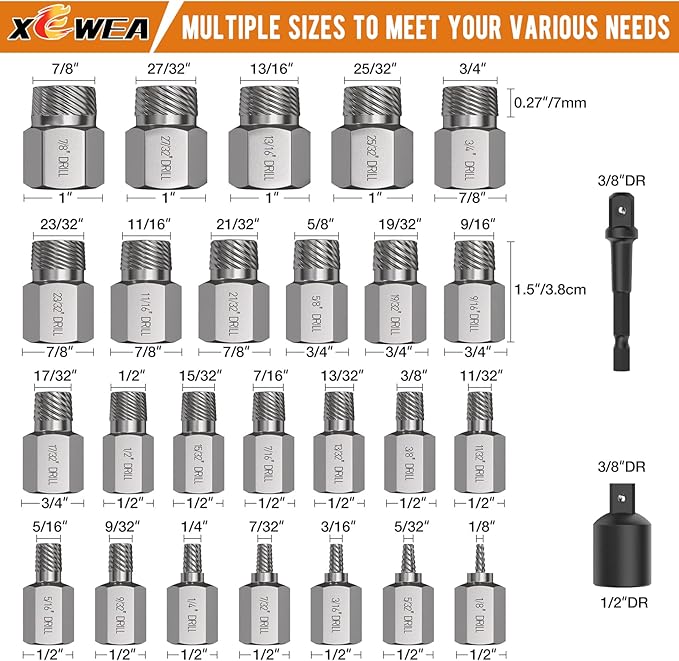 XEWEA Upgrade Screw Extractor Set, 27 PCS 3/8" Inch Drive Easy Out Bolt Extractor Set, Multi-Spline, for Removing Broken Studs, Bolts, Screws - More Convenient