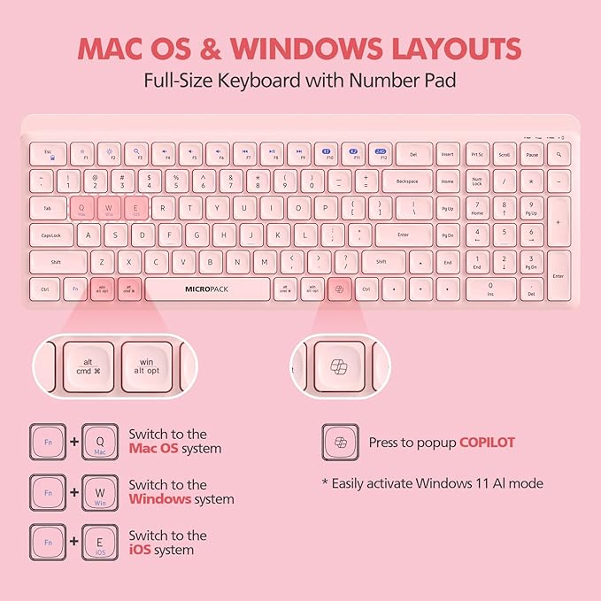 Pink Wireless Keyboard and Mouse Combo for Desktop Mac iPad Bluetooth 2.4 Ghz Rechargeable Slim Silent Click with Number Pad Compatible with Pc, Laptop, Tablet (Pink)