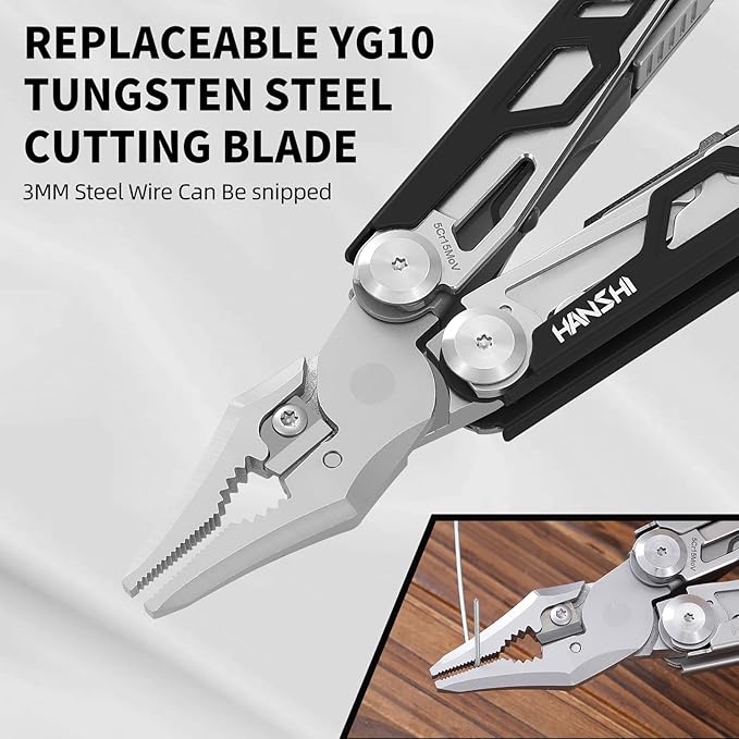 HANSHI Multitool Pliers, 22-in-1 YG10 Tungsten Steel Multi Tool with Scissors,Replaceable Wire Cutters, Flint, Window Breaker, Back Clip,Ideal for Camping, Survival and Gift(Black)