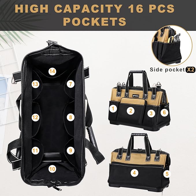 20 IN Large Tool Bag For Men Heavy Duty, Drill Bag Tool Bag Organizer, Wide Mouth Waterproof Hard Bottom Multiple Pockets Tool Tote, Tool Caddy, Maintenance
