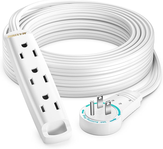 Maximm 15 Ft White 360° Rotating Flat Plug Extension Cord with 3 Outlets on One Side, Versatile Long Reach for Home & Office Use UL-Listed