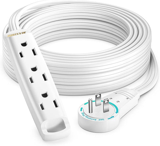 Maximm 15 Ft White 360° Rotating Flat Plug Extension Cord with 3 Outlets on One Side, Versatile Long Reach for Home & Office Use UL-Listed