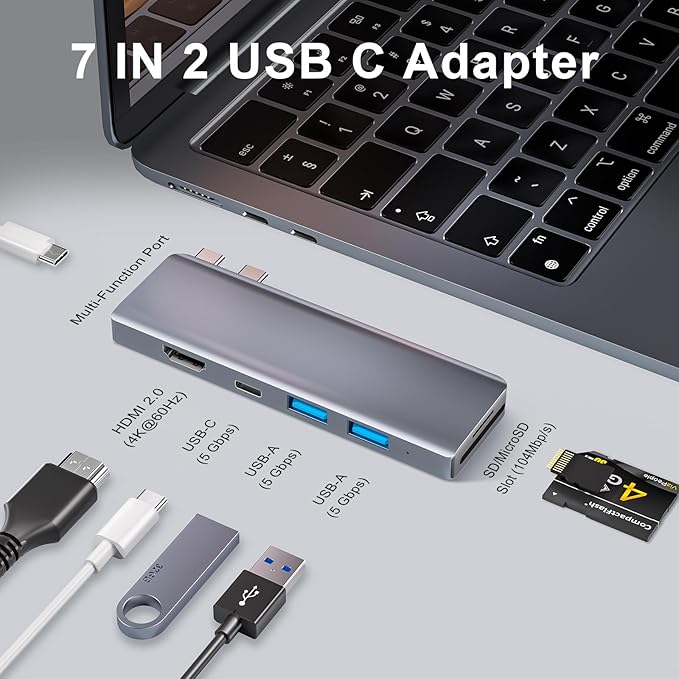 USB C Hub, USB C Adapter, 7 in 2 USB-C Hub for MacBook with Thunderbolt 4, 4K HDMI, Type C, 2 USB A, SD/TF Card Reader, Compatible with MacBook Pro 2016-2024, MacBook Air 2018-2025 (Midnight)
