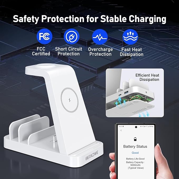 Wireless Charger for Samsung, 5 in 1 Wireless Charging Station for Samsung, Charger Dock Stand for Galaxy Watch Ultra 7 6 5 4 3, Galaxy S25 S24 Ultra S23 S22 S21, Note 20 10 Z Fold Buds, White