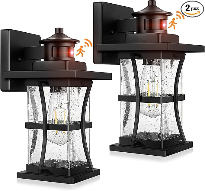 2 Packs Motion Sensor Outdoor Wall Lights - Upgrade Dusk to Dawn Porch Lighting, LED Exterior Lantern Fixture Wall Sconce, Waterproof Outside Light For House, Black Anti-Rust Lamp For Garage Doorway