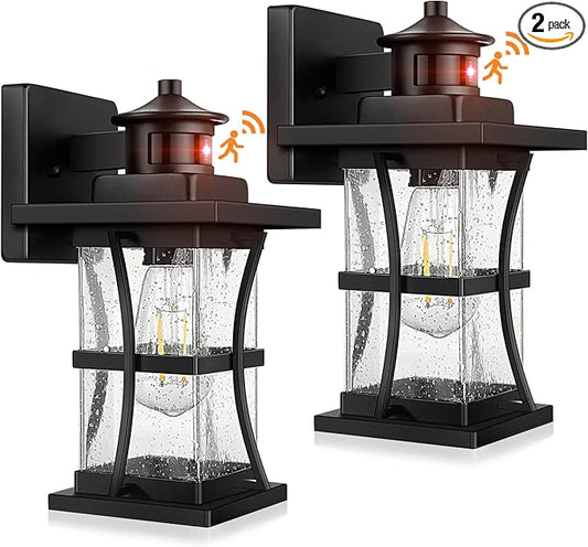 2 Packs Motion Sensor Outdoor Wall Lights - Upgrade Dusk to Dawn Porch Lighting, LED Exterior Lantern Fixture Wall Sconce, Waterproof Outside Light For House, Black Anti-Rust Lamp For Garage Doorway