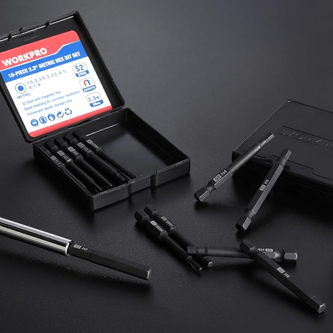 WORKPRO 20pcs Hex Head Allen Wrench Drill Bit Set, CNC Machined S2 Steel Magnetic Metric and SAE Hex Bits, 1/4 Inch Square Shank Driver Bits, 2.3" Long Screwdriver Bits Set With Storage Box
