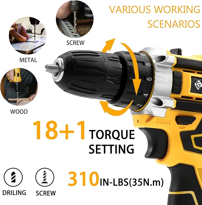 Cordless Drill Set Creddux Power Drill Cordless Sets Variable Speed, Electric Drills 18+1 Torque Setting, Built-In Led Light, Level and 2 Driver Bits Z Set-Y