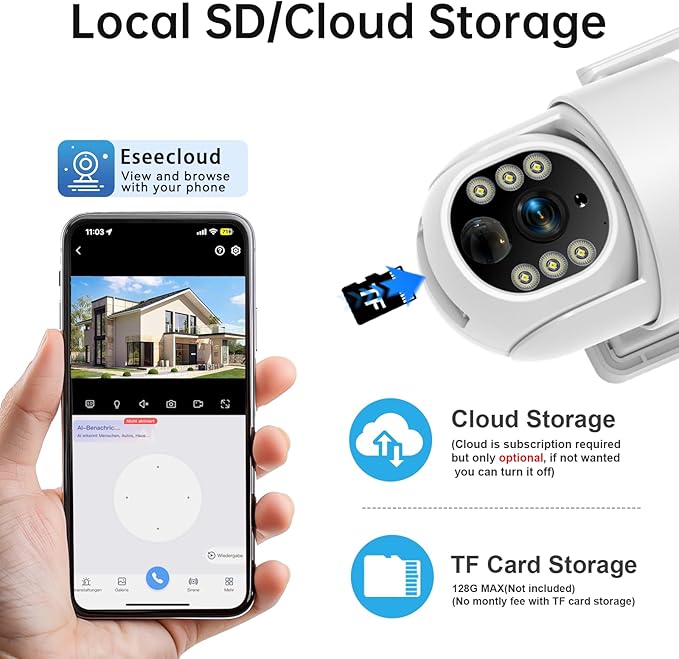 Solar Camera Outdoor Wireless, 5G Solar Security Cameras for Home Security, WiFi Security Cameras Wireless Outdoor, 360° View PTZ, AI PIR Human Detection Alerts, Color Night Vision, SD/Cloud Storage