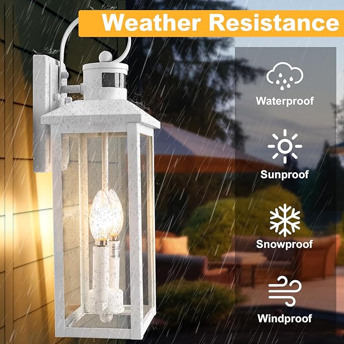 White Motion Sensor Light Outdoor, 18" ETL Listed Outdoor Lights with Sensor Detection, 2-Light Aluminum White Exterior Light Fixture with E12 Socket, Outside House Lights Wall Mount