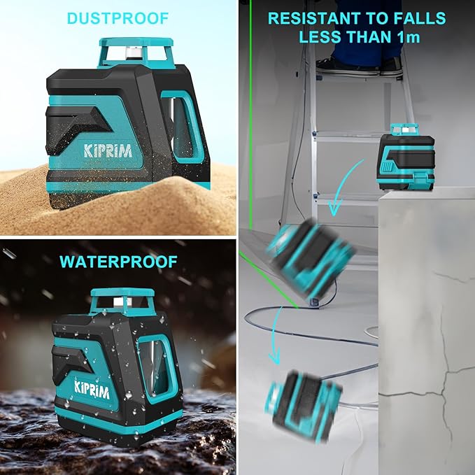 Kiprim Green Laser Level LV8D with Enhanced Visibility,5 Laser Lines,Adjustable Brightness,Manual/Self Leveling/Pulse Mode,Batteries and Carrying Pouch Included