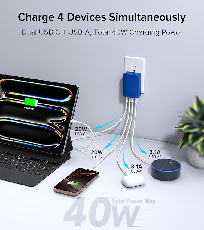 [2-Pack] Flat USB C Wall Charger,40W Fast USB C Charger Block,4-Port PD Power Adapter +QC Wall Plug Multiport Type C Charging Block Cube Compatible with iPhone 16 15 14 13 12 11 Pro Max XR XS 8(Blue)