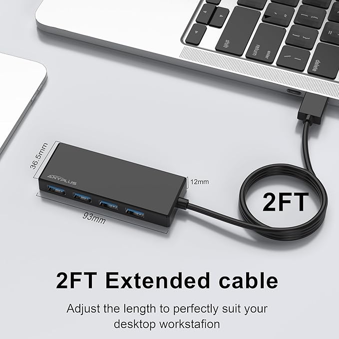 USB Hub, Multiport USB Splitter Adapter, 2 ft Long Cable USB 3.0 Hub, USB Extender for Laptop, PC, iMac, Surface Pro, MacBook, Mac Pro, Flash Drive, XPS, Mouse, HDD