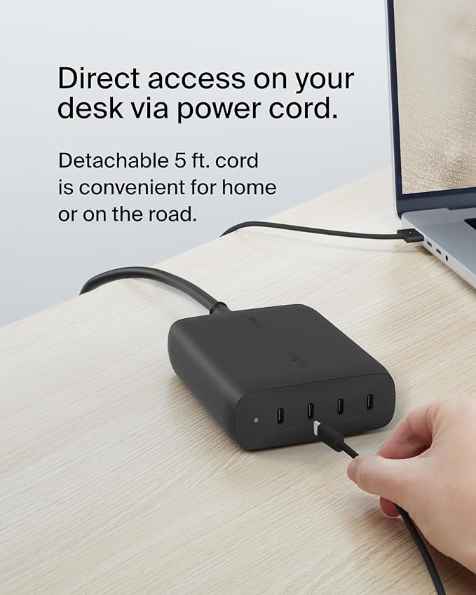 Belkin 4-Port USB C Charger Block, 200W GaN Multi-Port Charger USB-C PD 3.1 Fast Charge + 5ft Power Cord - MacBook, iPhone 16, iPad, Galaxy S25, Google Pixel, Nintendo Switch 2 - Black