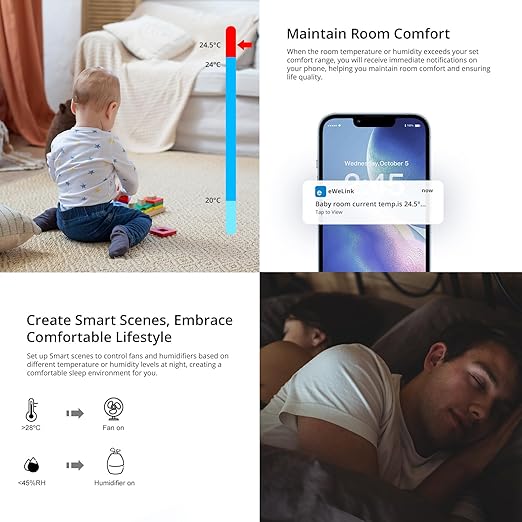 SONOFF SNZB-02P Zigbee Temperature Humidity Sensor, Indoor Thermometer Hygrometer with Alert, Works with Alexa & Google Home for Remote Monitoring and Home Automation, ZigBee 3.0 Hub Required (1)