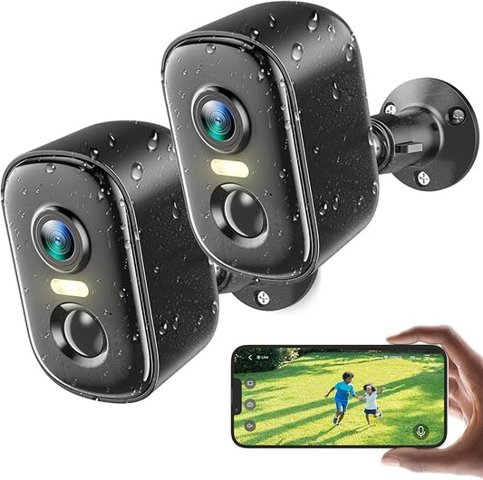2K Security Cameras Wireless Outdoor, 2 Pack Battery Powered WiFi Cameras for Home Security with AI Motion Detection, Spotlight Color Night Vision, 2-Way Talk, Siren Alarm, IP65, Cloud/SD Storage