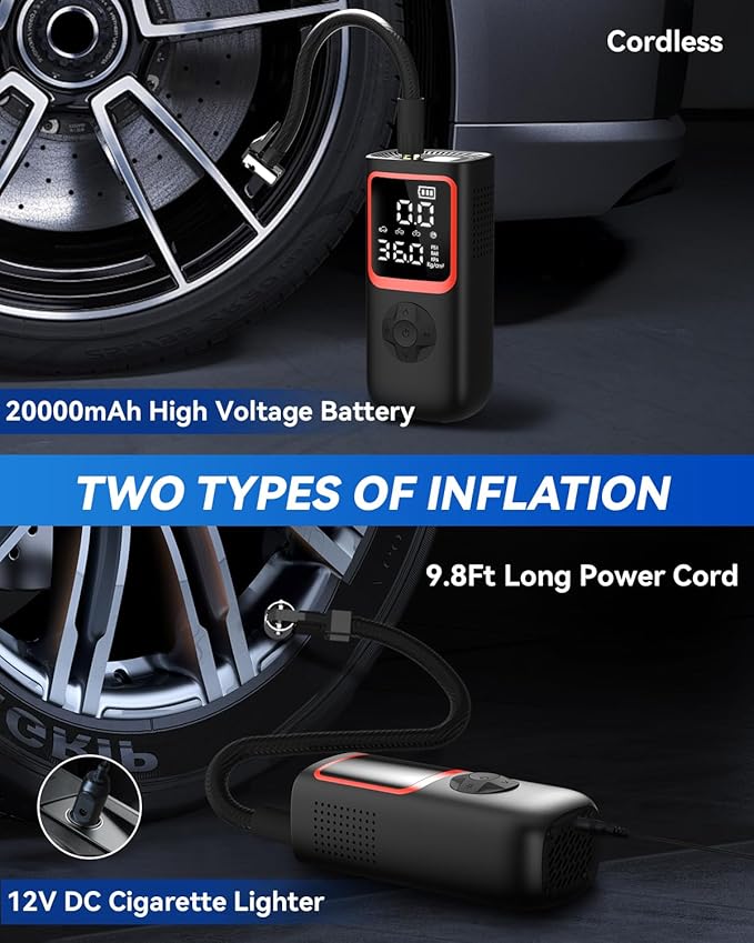 Tire Inflator Portable Air Compressor - 150PSI Portable Tire Inflator with Pressure Gauge, 4X Faster Portable Air Compressor for Car Tires, Air Pump with LED Light for Car, Motorcycle, Bike