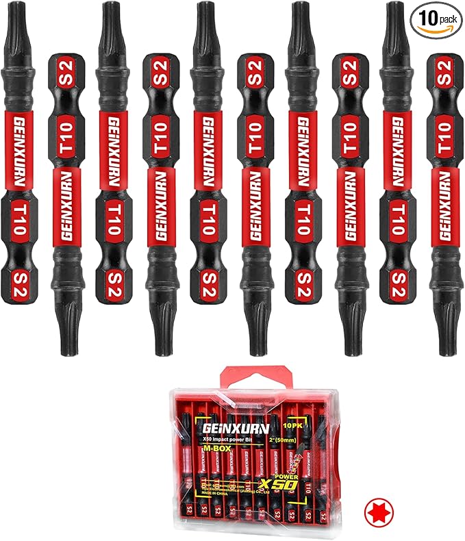 10Pieces 2 In. T10 Impact Tough Magnetic Screwdriver Bit Set, #10 Torx Head Power Bits, S2 Alloy Steel Star Bits with Storage M-Box