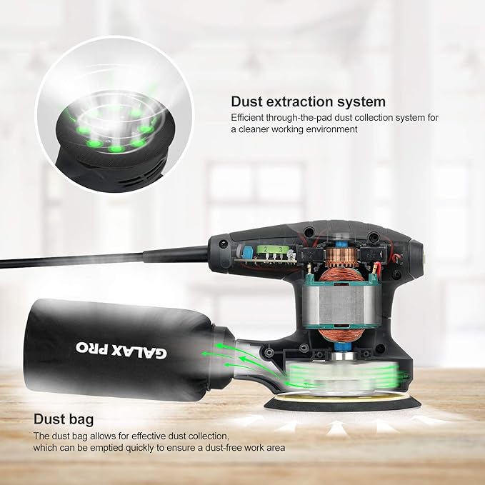 GALAX PRO 280W 13000OPM Max 6 Variable Speeds Orbital Sander with 15Pcs Sanding Discs, 5” electric Sander with Dust Collector for Sanding and Polishing