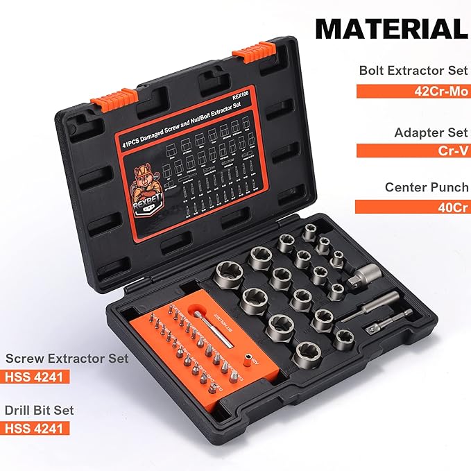 REXBETI 41-Piece Impact Bolt Extractor Screw Extractor Set and Stripped Screw Remover, Case with 16-Piece Bolt Extractor, 10-Piece HSS Drill Bit, 10-Piece Spiral Screw Extractor and 4 Piece Adapter