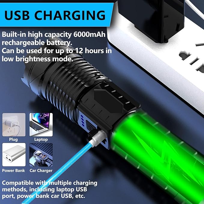 Rechargeable LED Flashlights, 90,000 Lumens Super Bright Flash Light, 7 Modes with COB Work Light, IPX6 Waterproof, Adjustable Tactical Powerful Handheld Flash Light for Home,Camping and Emergencies