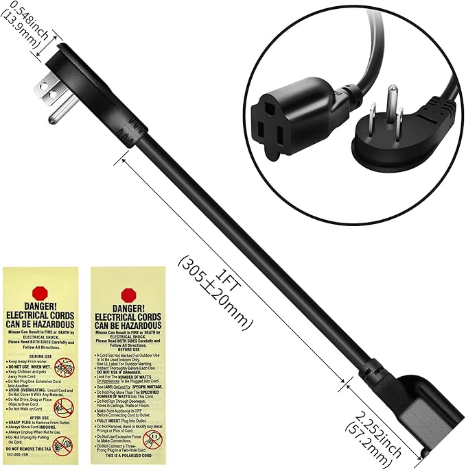 Miady Flat Plug Extension Cord 1 Ft, 90 Degree Plug Adapter, 3 Prong Grounded Wire Short Angle Power Cable Black ETL Listed (2-Pack, 13 Amp, 125 Volts, 1625 Watts)