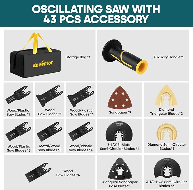 Enventor Multi Tool Saw, Electric Oscillating Saw with 43PCS Accessories, Auxiliary Handle, 15000-22000 OPM, 6 Variable Speeds, 3°Oscillation Angle for Cutting, Scraping, Sanding