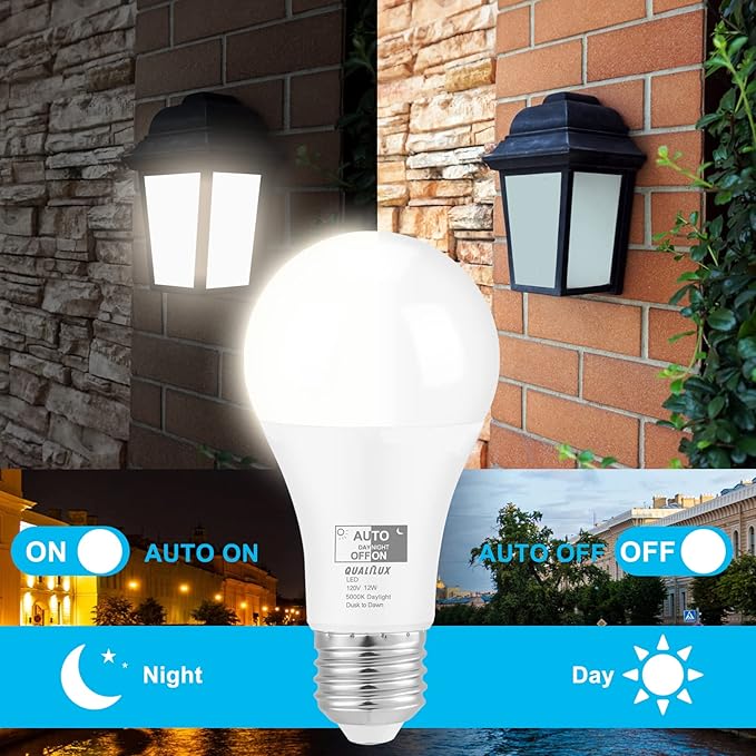 Dusk to Dawn Light Bulbs 1000 Lumen, Daylight, LED 12W, A19 E26, 4-Pack, HQ-H024