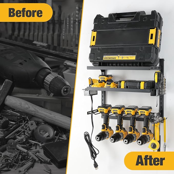 COFIT Power Tool Organizer with Adjustable Height 3-Tier Iron Tool Rack and Wall Mount Charging Station for Drill and Garage Workshop