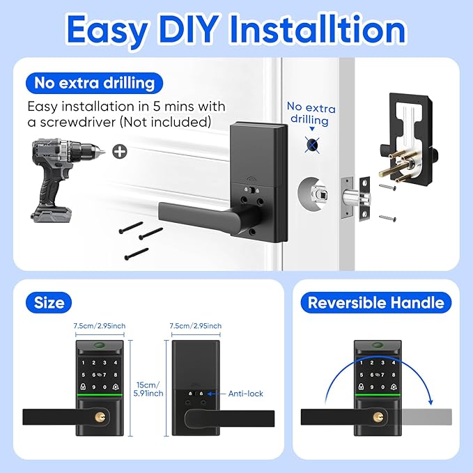 Keypad Smart Door Lock with Handle, Keyless Entry Deadbolt for Front Door, Smart Auto Lock Deadbolt with Phone/Watch App Control, Biometric Fingerprint Gate Handle with 7 Ways to Unlock
