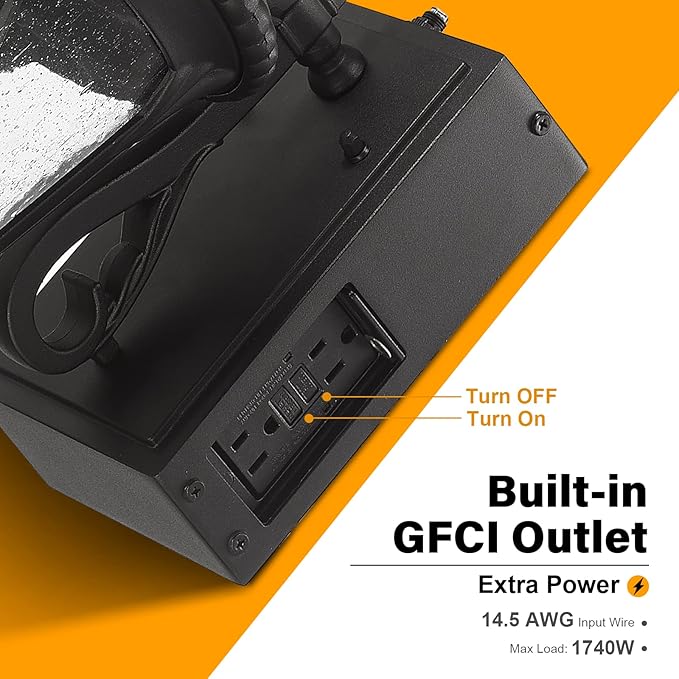 Darkaway Dusk to Dawn Outdoor Porch Light with GFCI Outlet, Waterproof Outdoor Wall Sconce Light Fixture for House, Front Porch, Patio，Black