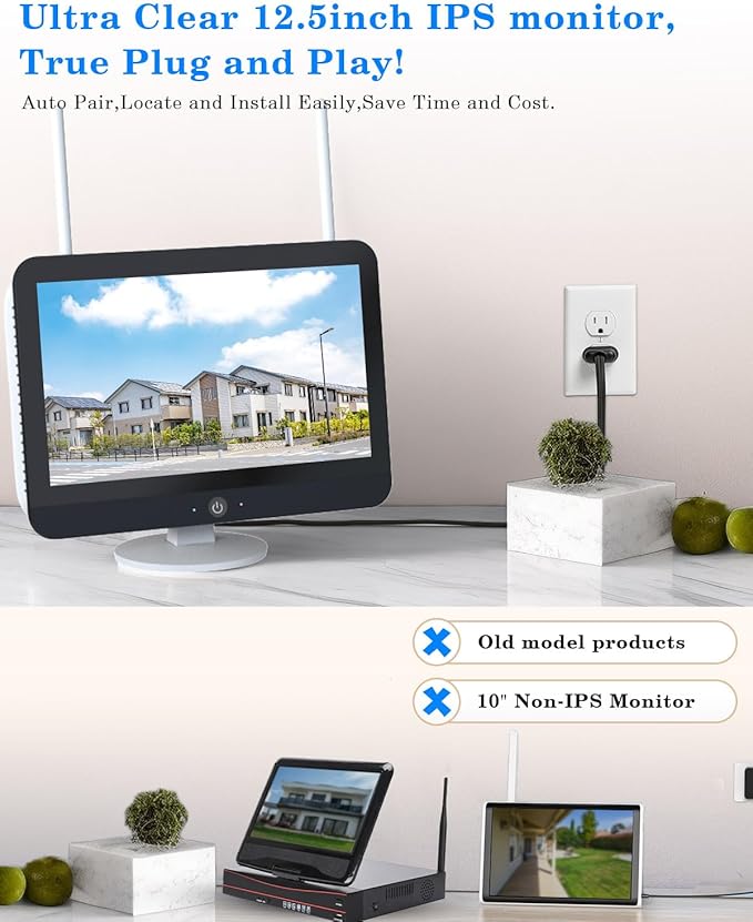 [Dual Lens 2K+2K&10X Zoom] Home Wireless Security Camera System with 12.5" LCD Monitor Outdoor, 10CH Kit 4PCS House WiFi Camera 1TB HDD