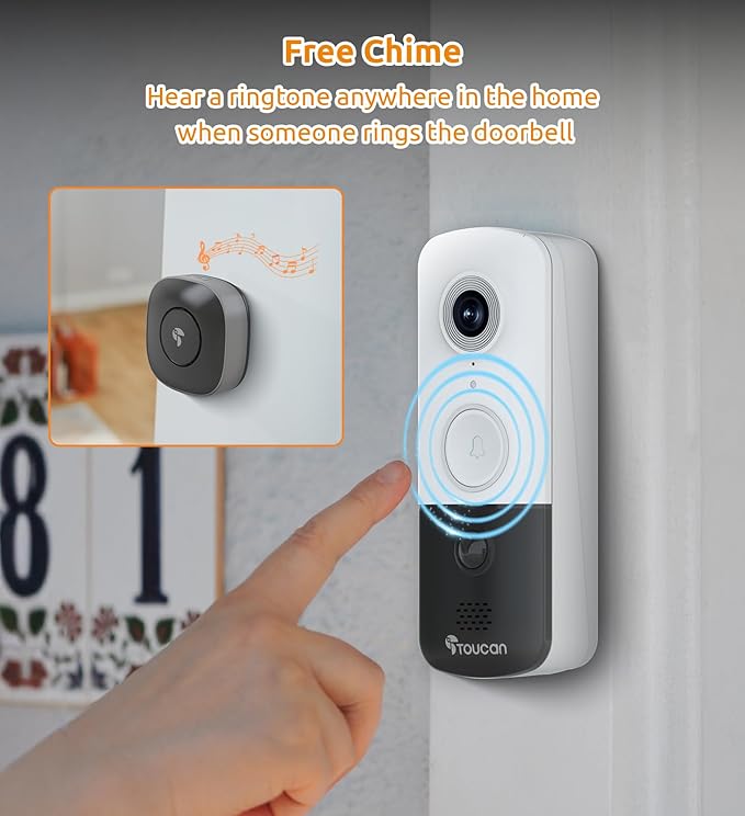 TOUCAN Doorbell Camera, Video Doorbell with Chime, 2-Way Talk, 2.4Ghz WiFi, Night Vision, PIR Motion Detection, Compatible with Alexa and Google Assistant, Indoor Outdoor Surveillance