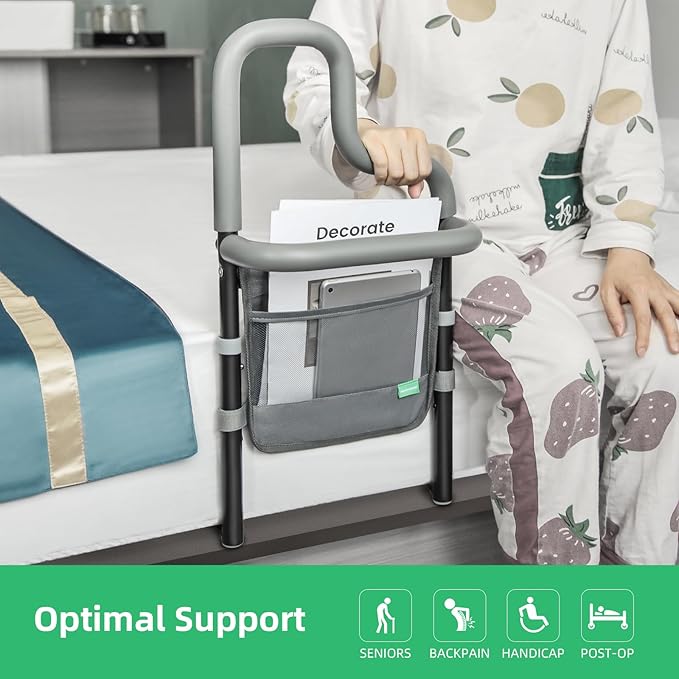 Dual Bar Bed Rail for Elderly Adults Safety with Storage Pocket, Bed Assist Rail for Seniors for Easily Getting in & Out of Bed, Bed Rails Fits King, Queen, Full, Twin Bed - Grey