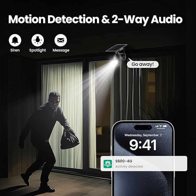 S600 4G LTE Security Camera Outdoor, Solar Powered Cellular Security Camera Wireless, Pan Tilt 360°View Full,1080P Night Vision, 2 Way Talk, PIR Motion Sensor, No WiFi, Unlimited Data Plan Black