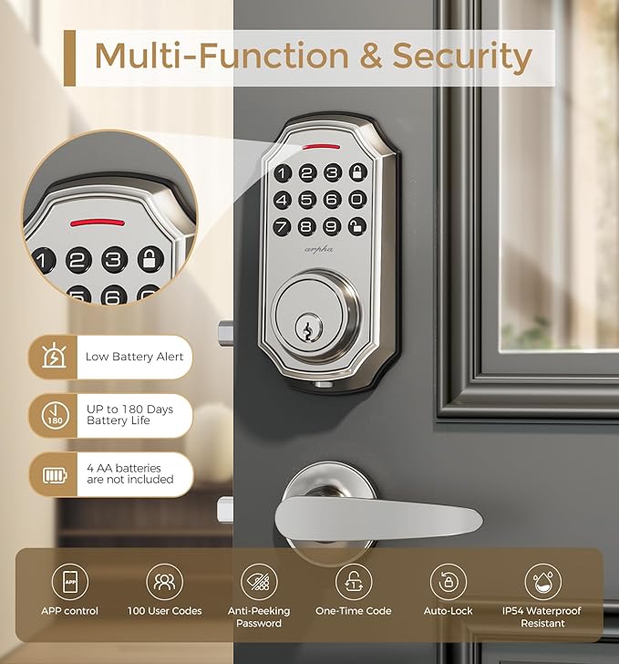 Smart Keyless Entry Door Lock with 2 Handle Set - 100 User Codes & One-Time Passcode - App Controlled Electronic Keypad - Auto-Lock Front Door - Easy Install