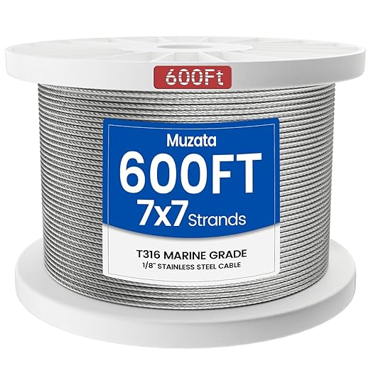 Muzata 600 ft 1/8" Stainless Steel Cable Railing System Hardware T316 Stainless Steel Wire Rope 7x7 Strands 1800 lb Breaking Strength Deck Cable Railing Kit for Indoor Outdoor Coastal WR02