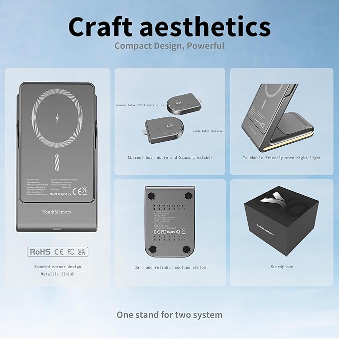 Wireless Charger 5 in 1 Magnetic Charging Station Stand with Portable Power Bank for Apple/Samsung Multiple Devices for Apple Watch 10-2,iPhone 16 15-12 Pro Max/Samsung Galaxy S25 Ultra S24-S8