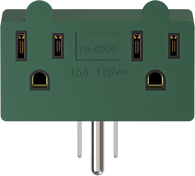 NEMA 5-15P to Dual 5-15R Adapter, Plugrand 90 Degree Downward Angled NEMA 5-15P Male to Female Adapter, Angled USA Power Adapter, 3 Prong Direction Changer Space Save Plug Green PA-0508G