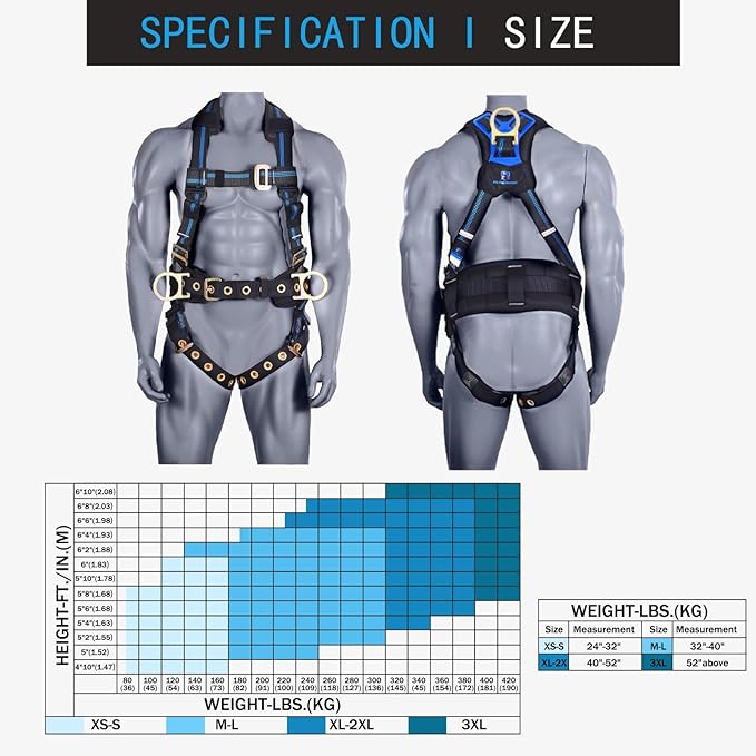 Fall Protection 5pt Full-Body Safety Harness, Vented & Padded Shoulder, Back & Legs, 8” Thick Back Support, Tongue Buckle, D-Rings, Grommet Leg Straps & Waist Belt (OSHA/ANSI Rated PPE)