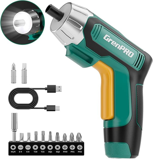 4V Electric Screwdriver Rechargeable, Cordless Screwdriver 9pcs Bit with 1pc Bit Holder, USB Small Power Screwdriver Set with Bits, Green