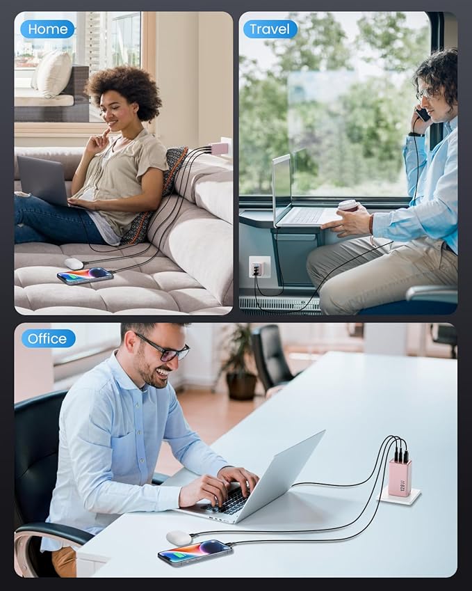 128W USB C Wall Charger,GaN III 3-Port Fast Charging Station,PD QC Foldable Charger Block Portable 65W Laptop Adapter for MacBook Pro/Air,iPad Pro,Galaxy S23,Dell XPS 13,iPhone 16/15/Pro etc