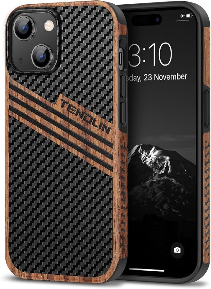 TENDLIN Compatible with iPhone 15 Case Wood Grain with Carbon Fiber Texture Design Leather Hybrid Slim Case (Three Stripe)