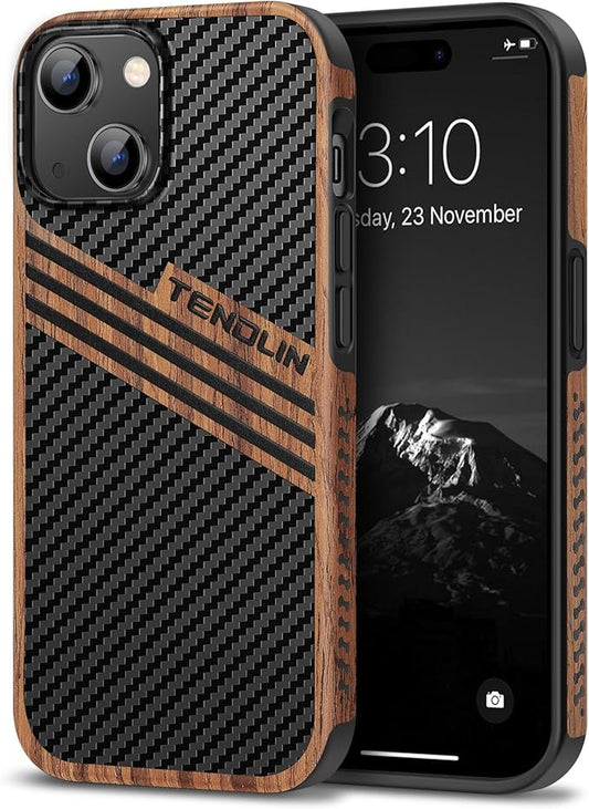 TENDLIN Compatible with iPhone 15 Case Wood Grain with Carbon Fiber Texture Design Leather Hybrid Slim Case (Three Stripe)