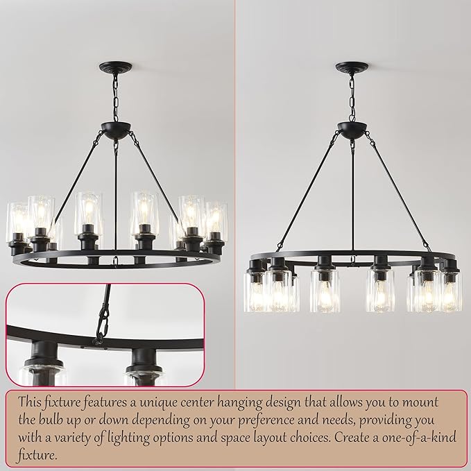 32“ Black Wagon Wheel Chandelier, 12-Light Farmhouse Glass Pendant Lights Kitchen Island Round Hanging Lighting fixtures Ceiling for Living Room, Dining Room, Kitchen Island, Entryway, Foyer