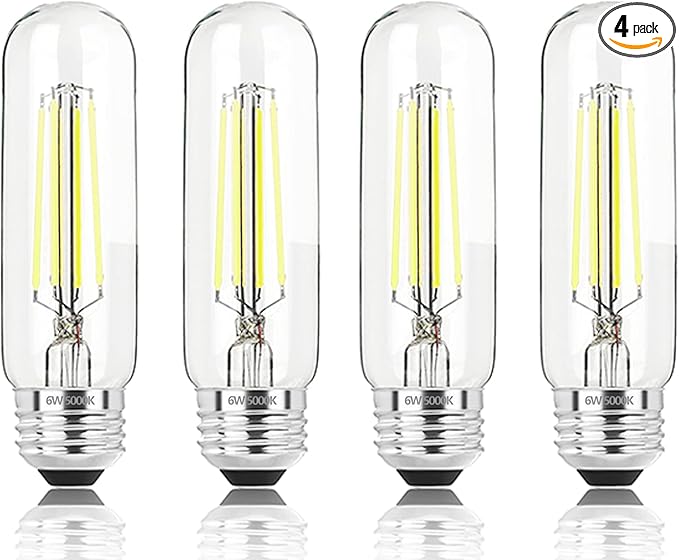 5 Inch Edison Bulb, 5000K Daylight White E26 Led Bulb 6W Dimmable, 800LM T10 T9 Clear Glass Tubular Light Bulbs, AC 120V Equal 80 Watt for Chandelier Pendant Wall Light - 4Pack