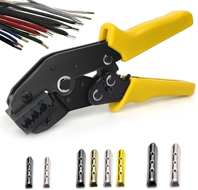 Aglet Crimping Tool, Shoelace Aglets Tool, Aglets For Shoelaces, Repair Shoe Lace Tips Replacement End Comes With 160 pcs Metal Aglets Installation Tool Adaptation 3/4/4.5 mm Aglets (Yellow)